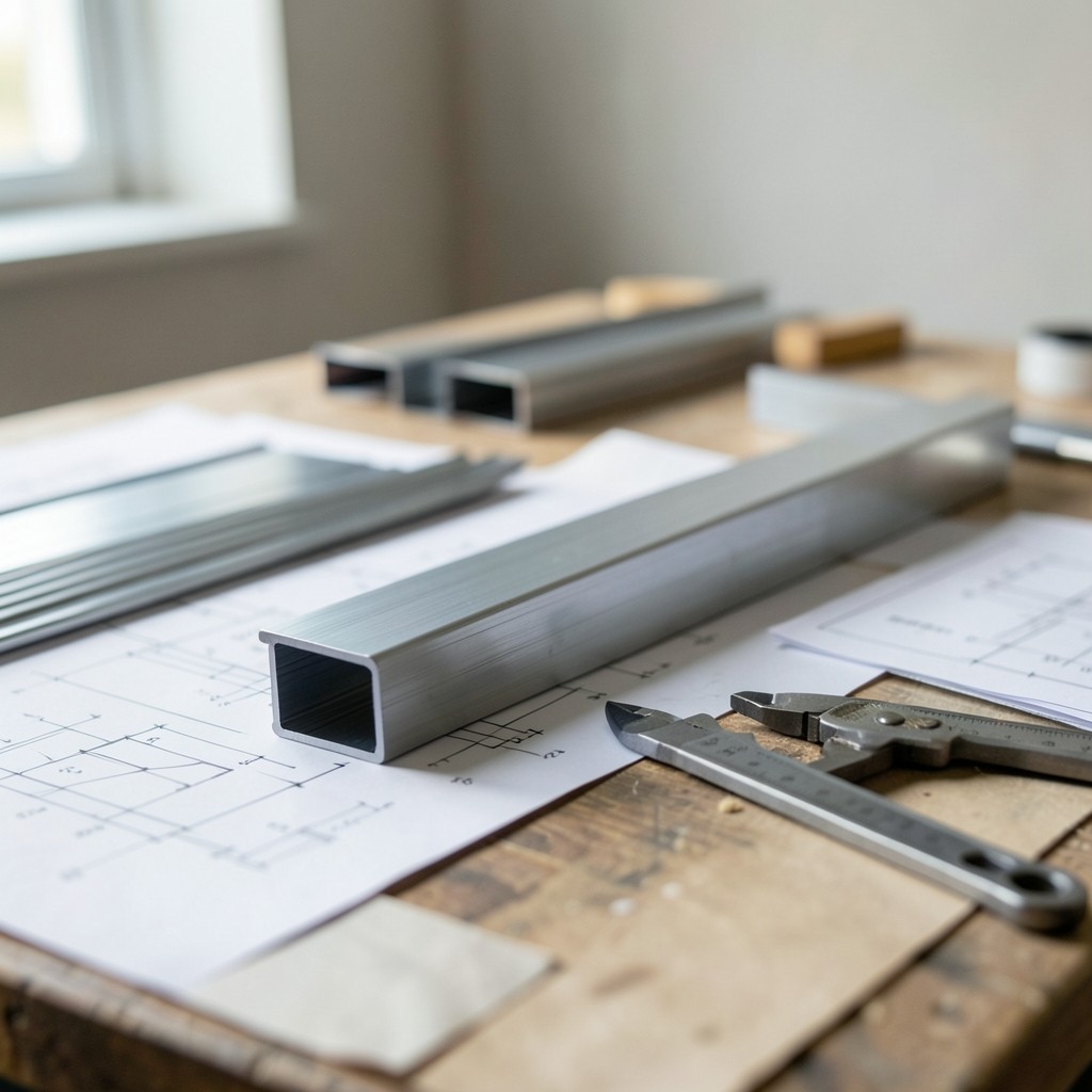 Annotated spar drawing spread on a workshop table beside aluminium stock