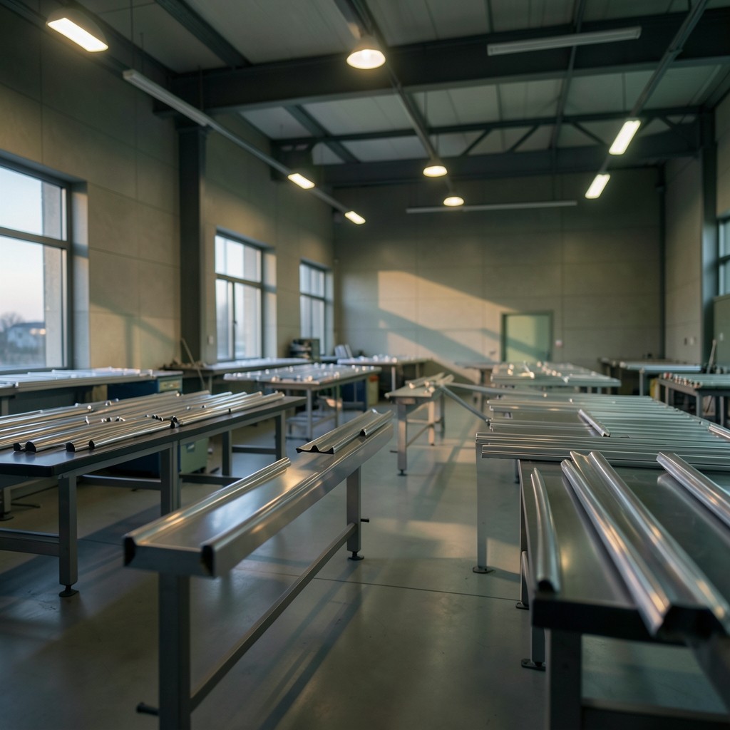 Evening light across an aircraft structures workshop with spars and tooling
