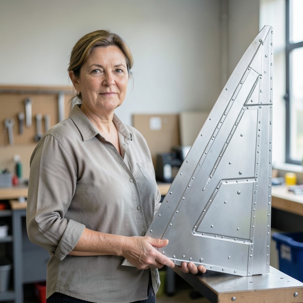 Portrait of structures tutor beside a wing rib fixture