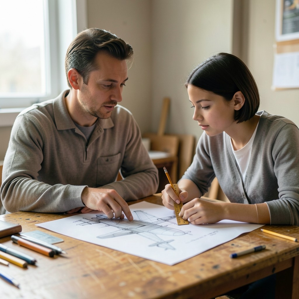 Mentor and learner reviewing an airframe assembly drawing on a desk