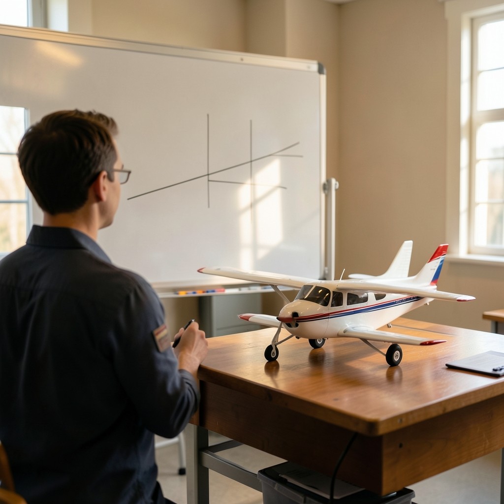 Instructor sketching a stability diagram beside a light aircraft model