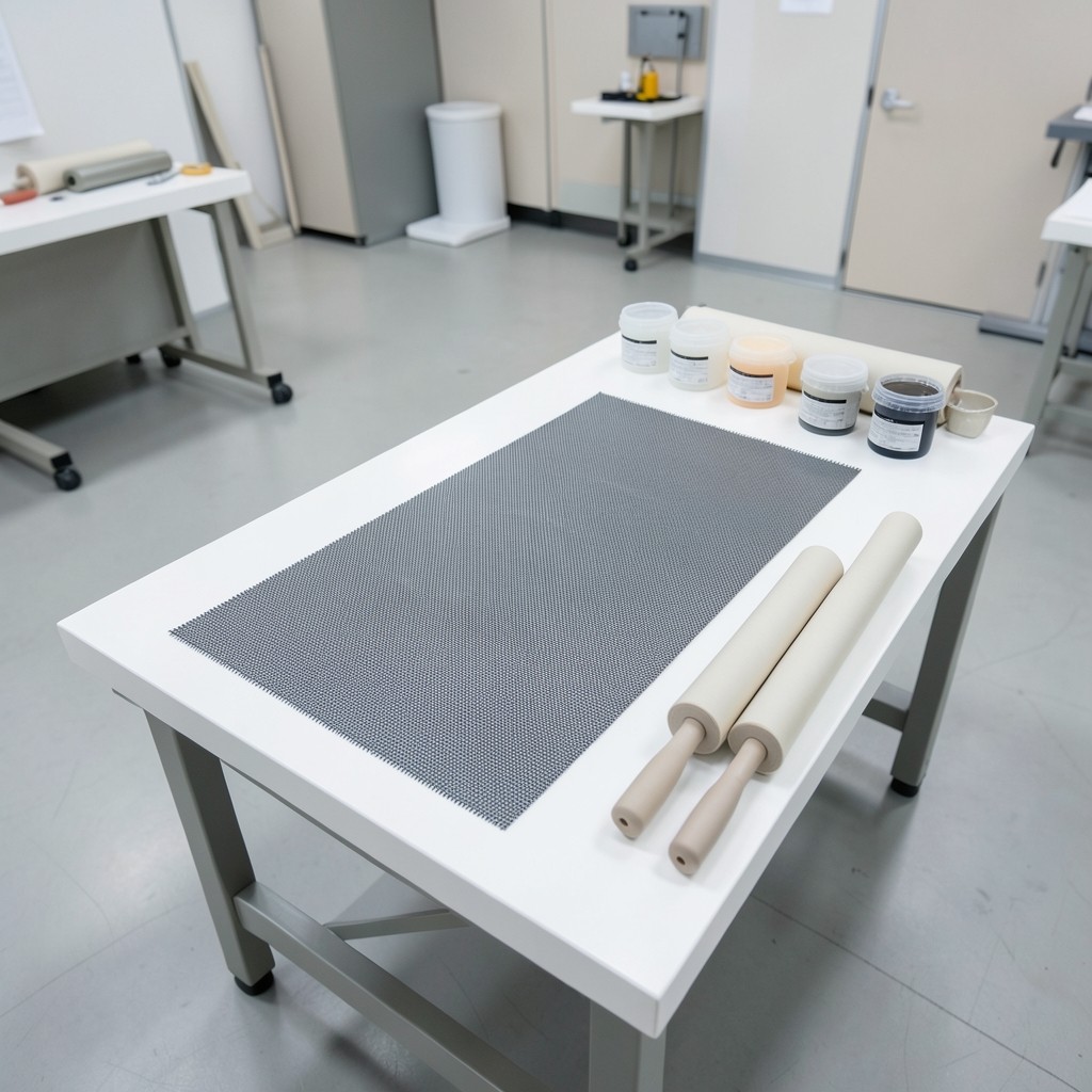Composite lay-up demonstration with fabric and resin tools on a clean bench